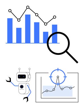 Çizgi grafiği, büyüteç, yapay zeka sensörlü robot ve notlu grafik. Veri analizi için ideal, yapay zeka, makine öğrenimi, araştırma, iş zekası teknolojisi soyut çizgi