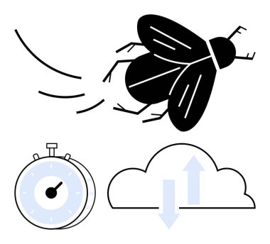 Hareket halindeki uçan böcekler, zamanı simgeleyen kronometre, veri alışverişini gösteren oklarla bulut. Hız, verimlilik, teknoloji, bulut hesaplama, doğa, yenilik soyut çizgi düz metafor için idealdir