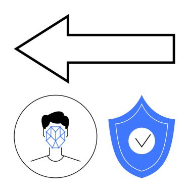 Sol taraftaki ok noktaları, biyometrik tarama ikonu, işaretli kalkan. Kimlik doğrulama, siber güvenlik, yapay zeka, veri gizliliği, teknoloji, kullanıcı kimlik doğrulama soyut hattı düz metaforu için ideal