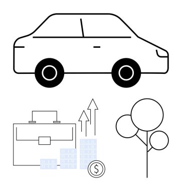 Çantalı araba ikonu, üst üste istiflenmiş para, yukarı doğru ok, bozuk para ve stilize edilmiş ağaç. Finans, iş büyümesi, yatırım, çevre dostu girişimler için ideal Tasarruf ulaşımı ve planlama