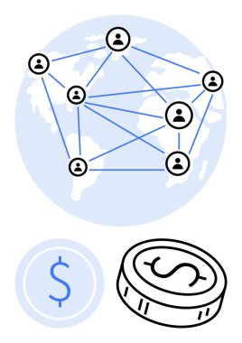 İnsanlar bir dünya haritası üzerinde mavi çizgilerle birbirine bağlı ikonlar. Para ve dolar işareti. Finans, teknoloji, ağlar, küresel işletmeler, ödemeler, kripto para birimi bağlantıları için idealdir. Satır metaforu