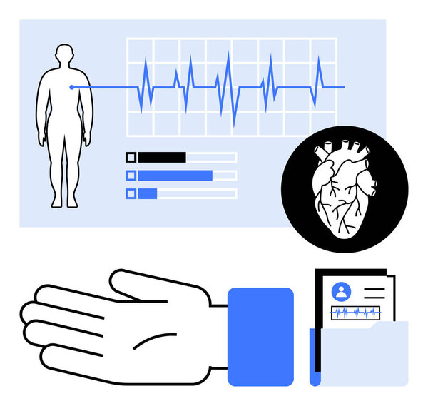 Контур человека, диаграмма ЭКГ сердца, индикаторы прогресса, подробное сердце, рука, медицинский отчет с графиками. Идеально подходит для медицинского, кардиологического телемедикаментозного диагностирования пациентов, осуществляющих мониторинг медицинских исследований. Линия