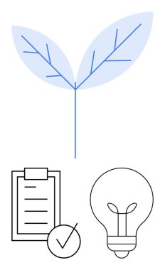 Büyümeyi simgeleyen minimalist yaprak, hedefler için işaretli kontrol listesi ve fikirler için ampul. Sürdürülebilirlik, yenilik, planlama, yeşil iş, yaratıcılık, üretkenlik ilerlemesi için ideal