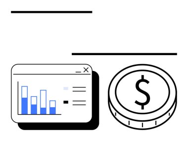 Analitik gösterge paneli ve yanında bir dolar işareti olan büyük bir bozuk para. Finans, yatırım, analitik, bütçe, ekonomi, strateji, tasarruf için ideal, soyut çizgi düz metafor
