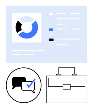 Veri listeli pasta tablosu, mesaj simgesi ve evrak çantası grafiği. İş analizi, takım çalışması, profesyonel iletişim, proje yönetimi, veri sunumu, analitik ve soyut çizgi için ideal