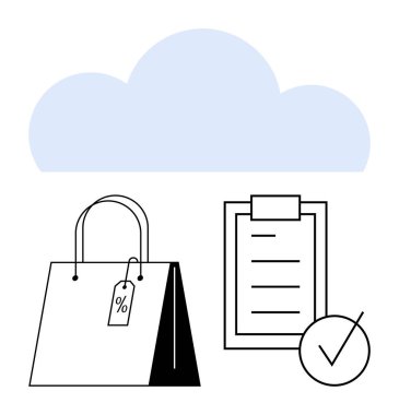 İndirim etiketli alışveriş çantası, kontrol listesi ve işaretli işaretler online alışveriş, e-ticaret, envanter, yapılacaklar listesi, dijital makbuzlar, perakende planlama, soyut çizgi düz metaforu için