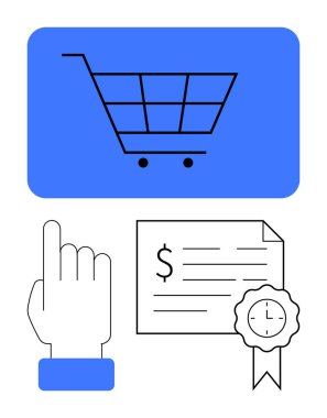Alışveriş arabası ikonu, parmak işareti, saat sembollü dolar imzalı sertifika. İdeal temalar e-ticaret, çevrimiçi alışveriş, ödeme doğrulaması, sertifika, zaman yönetimi, kullanıcı etkileşimi