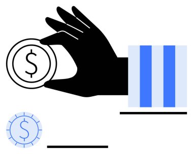 Siyah el dolar sikkesi, büyümeyi simgeleyen mavi çubuklar, çizgileri olan küçük paralar. Finans, ekonomi, iş, bütçe, yatırım, zenginlik ve modern soyut çizgi düz metafor için ideal