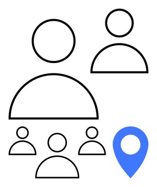 Mavi lokasyon şifreli hiyerarşik düzende soyut insan simgeleri. Takım çalışması, liderlik, ağ oluşturma, işbirliği, uzak çalışma, organizasyon, soyut çizgi düz metafor için ideal