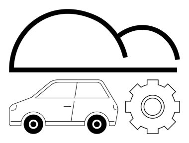 Outline of a compact car, a cloud shape, and a gearwheel. Ideal for technology, automation, innovation, cloud computing, automotive future mobility and system optimization. Abstract line flat clipart