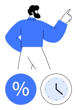 Yüzdelik ve saat sembolleri, başarıyı, zaman yönetimi, finansal büyüme, üretkenlik, hedef belirleme ve başarıyla birlikte yukarıya bakan adam. Ticari finans zamanı için ideal