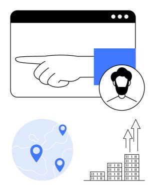 Tarayıcı penceresinde el işaretleri, kullanıcı profili simgesi, bir kürede coğrafi konumlandırma iğneleri, şehrin ufuk çizgisinde yukarı doğru oklar. Pazarlama, hedef alma, analitik, strateji, büyüme dijital izleyici için ideal