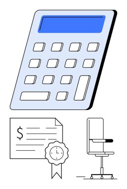 Büyük mavi ekran hesap makinesi, sertifika işaretli finansal belge, ergonomik ofis koltuğu. Finans, muhasebe, eğitim, ofis işi, üretkenlik araçları, idari görevler için ideal