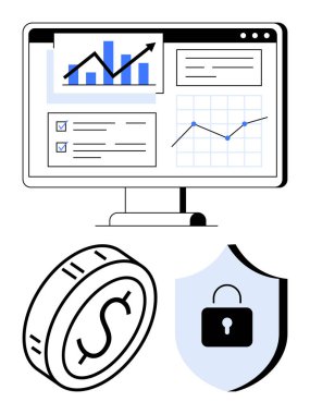 Çizelgeleri, listeleri, grafikleri, dolar parası ve kalkanı olan masaüstü ekranı. Finans, veri güvenliği, raporlar, analitik bankacılık yatırımı için ideal soyut çizgi düz metafor
