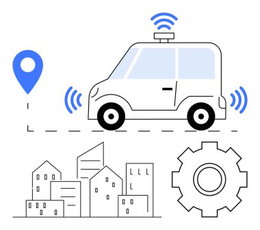 Sürücü araba, GPS, şehir binaları ve çark ile kablosuz sinyaller yayar. Teknoloji, yenilik, kentsel planlama, akıllı şehirler, ulaşım, otomasyon soyut çizgisi için ideal
