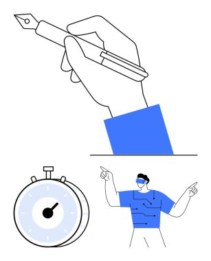 Elinde kalem, kronometre zamanlaması, ARVR jest kontrolünde insan. Üretkenlik, zaman yönetimi, yazma, teknoloji kavramları, yenilik, hassasiyet soyut çizgi düz metaforu için idealdir