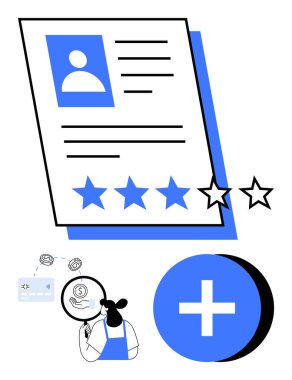 Özgeçmişi olan bir iş başvurusu, mavi reytingler, büyüteç altında aday illüstrasyon inceleme özgeçmişi ve mavi artı işareti. İşe alım, değerlendirme, işe alım, insan kaynakları, iş arama profilleri için ideal