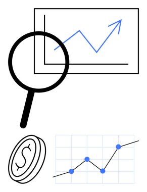 Yükselen grafiği ve grafiği, maddi büyüme, analiz ve artışı simgeleyen dolar parasıyla inceleyen büyüteç. Yatırım, iş eğilimleri, ekonomi, veri araştırması ve finans için ideal