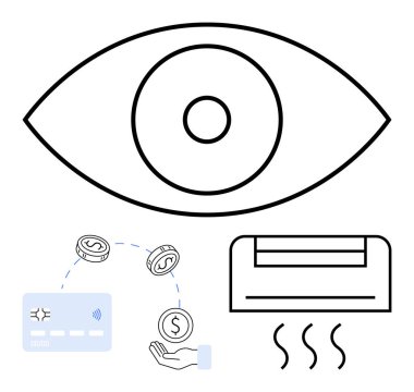Havalandırma ünitesinin üstündeki merkezi göz sembolü, kredi kartı ve el para alımı. Enerji verimliliği, maliyet tasarrufu, HVAC sistemleri, akıllı finans, ev yönetimi, bankacılık için ideal
