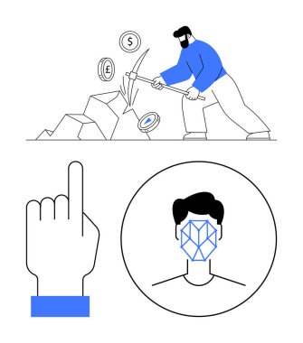 Adam para için kazmayla taş kırıyor, el hareketi etkinleştiriyor, biyometrik yüz taraması yapıyor. Teknoloji, finans, kripto, biyometrik, yapay zeka, karar verme soyut çizgisi düz metafor için idealdir.