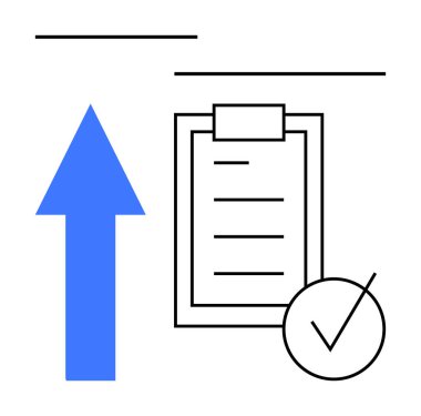Mavi ok yukarı, pano tarzı kontrol listesi ve işaretleme işareti. Üretkenlik, başarı, büyüme, hedefler, planlama, görev yönetimi gelişimi için ideal. Soyut çizgi düz metafor