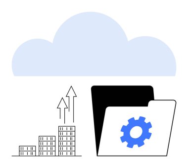 Bulut çizimi, dişli simgesi olan klasörü aç, oklu büyüme tablosu. Teknoloji, veri depolama, bulut hesaplama, büyüme, verimlilik, iş yönetimi soyut çizgisi düz metaforu için ideal