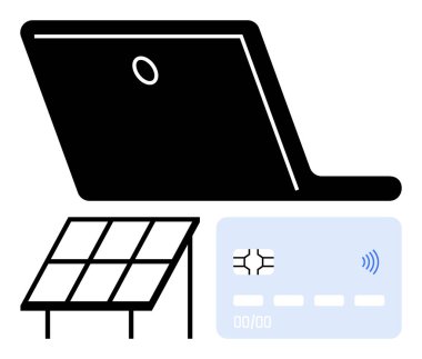 Laptop, açılı güneş paneli ve çipli ve kablosuz sinyalli temassız ödeme kartı. Sürdürülebilirlik, fintech, temiz enerji, uzak çalışma, dijital işlemler, çevre dostu teknoloji için ideal