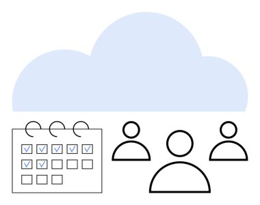 Bulut üç kullanıcı simgesi ve işaretli bir takvim üzerinde geziniyor. Takım çalışması, proje yönetimi, bulut depolama, zamanlama, üretkenlik, dijital iletişim, soyut çizgi düz