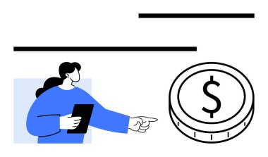 Tablet puanlarını elinde tutan kadın maddi stratejiyi sembolize ediyor. Ticari hedefler, ekonomik planlama, yatırımlar, bütçe yönetimi, tasarruflar, mali büyüme, soyut çizgi