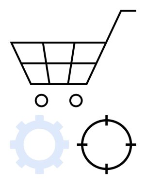 Tekerlekli alışveriş arabası, vites ve hedef ikonu. E-ticaret, ürün yönetimi, pazarlama lojistik teknolojisi ve hassas görevler için ideal. Çizgi benzetmesi. Çizgi benzetmesi. Basit satır simgeleri