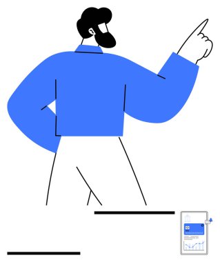 Mavi gömlekli adam, veri tablolarını gösteren akıllı telefonuyla kendine güvenen bir duruş sergiliyor. Takım çalışması, liderlik, analitik, sunum, strateji, hedefler, soyut çizgi düz metaforu için ideal