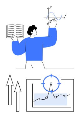 Grafik çizerken elinde kitap tutan kişi, oklar ve veri tablosuyla. Eğitim, analitik, öğretim, veri odaklı karar verme, büyüme kavramları, iş stratejileri, soyut düz çizgi