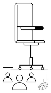 Ofis sandalyesi dört soyut insan simgesi ve düşen bir madeni paranın üzerinde. Liderlik, hiyerarşi, kariyer, karar verme, yönetim kavramları ve işyeri dinamikleri için ideal. Soyut