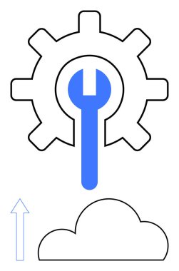 İçinde mavi ingiliz anahtarı olan bir vites ve yükseltme ya da bakım öneren bir bulutu gösteren bir ok. Web hizmetleri, bulut depolama, bilişim çözümleri, teknik destek, yazılım güncellemeleri, çevrimiçi için ideal