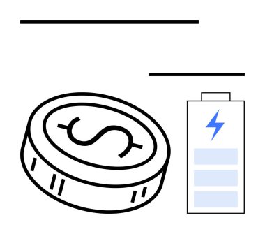 Dolar işaretli sikke ve yıldırımlı pil ikonu. Finans, enerji, verimlilik, sürdürülebilirlik, bütçe, yatırım ve ekonomik büyüme temaları için ideal. Satır metaforu