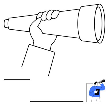 Teleskop, öngörü ve keşfi simgeliyor. Küçük figür evrak işlerinde dürbün kullanıyor. Gelecek planlama, vizyon, strateji, keşif, odaklanma, yenilik, soyut çizgi için ideal