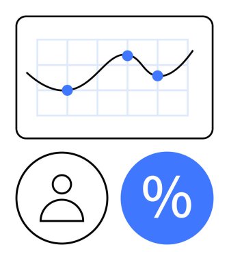 Veri noktaları, kullanıcı simgesi ve yüzde sembollü çizgi grafiği. Analiz, veri analizi, istatistik, kullanıcı ilgisi, performans ölçümleri finansal hizmetler eğitimi için idealdir. Soyut satır düzlüğü