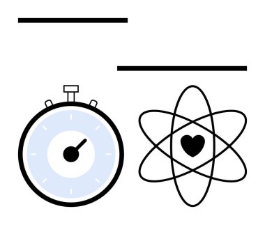 Stopwatch and atom with a central heart symbol. Ideal for themes of time management, science, love, precision, mindfulness, balance, and metaphors connecting time and affection. Line metaphor clipart