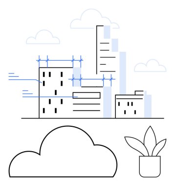 İnşaat halindeki binalar, iskele hatları, bulutlar ve bir saksı ile vurgulanmış modern şehir. Kentsel planlama, mimari, inşaat, sürdürülebilirlik, çevre büyümesi için ideal