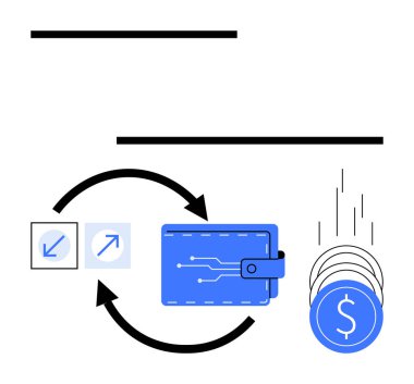 İşlemleri gösteren yön işaretli dijital cüzdan ve dolar işaretli paralar. Finans uygulamaları, para transferleri, e-ticaret, kripto para birimi, bankacılık, çevrimiçi ödemeler, dijital