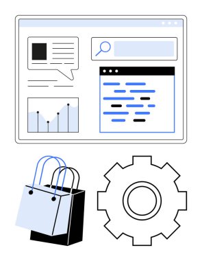 Arama çubuğu, analitik grafik, kod parçaları, alışveriş torbaları ve vites simgesi ile web arayüzü. Çevrimiçi alışveriş, analitik, kodlama, pazarlama sistemi optimizasyonu için ideal soyut hat