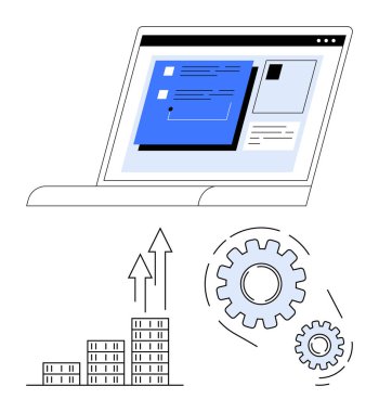 Arayüz ekranlı dizüstü bilgisayarı aç, yukarı doğru oklu bar grafiği, iç içe geçmiş vitesler. Ticari büyüme, teknoloji stratejisi, veri analizi, yenilik, verimlilik, gelişim soyut çizgisi için ideal