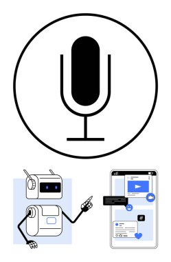 Robot, dev bir mikrofon simgesinin altında sosyal medya unsurlarını gösteren akıllı telefon ekranını işaret ediyor. AI, sosyal medya, teknoloji, iletişim, yenilik, robotik, dijital etkileşim için ideal
