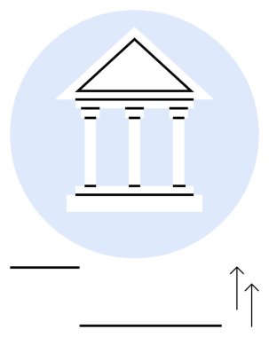 Yükselen okları ve basit çizgileri olan mavi daireli Yunan tarzı sütunlu bir bina. Finans, liderlik, hukuk, kurumlar, eğitim, büyüme, yönetim için ideal düz çizgi metaforu