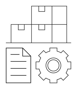 Yığılmış kutular, dişliler ve belgeler tedarik zincirini, lojistiği ve optimizasyonu sembolize ediyor. E-ticaret, depo yönetimi, imalat, yazılım verimliliği teknolojisi için ideal