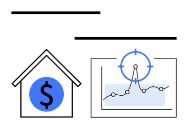 Mavi dolar işareti olan bir ev ve hedef kaplamalı analitik grafik. Gayrimenkul, finans, yatırım, planlama, veri analizi, piyasa takibi, soyut düz metafor için ideal