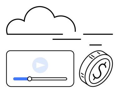 Oyun çubuğunun üstünde bulut çizgisi ve dolar işareti olan bozuk para. Teknoloji, yayın, para, finans, çevrimiçi hizmetler, medya ve yenilik için ideal. Soyut çizgi düz metafor