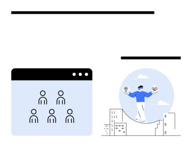 İnsanlar bir tarayıcı penceresinde simgeler ve binaların tepesinde madeni paraları ve notları dengeleyen bir kişi. Takım çalışması, finans, dijital araçlar, uzaktan çalışma, kentsel büyüme, denge, soyut çizgi düz metaforu için ideal