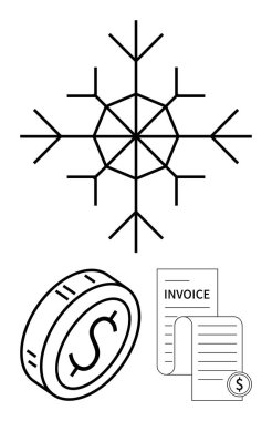 Geometrik kar tanesi ve bir dolarlık bozuk para ve fatura. Finansal planlama, kış bütçesi, maliyet yönetimi, mevsimsel harcamalar, ekonomi, faturalar, soyut düz metafor için ideal