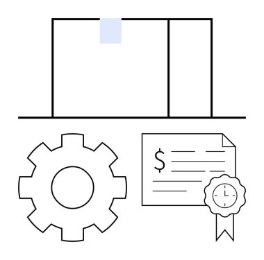 İçinde bant, vites sembolü ve mühürlü sertifikalı sözleşme olan bir kargo kutusu. Ticari operasyonlar, lojistik, tedarik zinciri yönetimi, sertifika, iş sektörü verimliliği için ideal. Temiz soyut